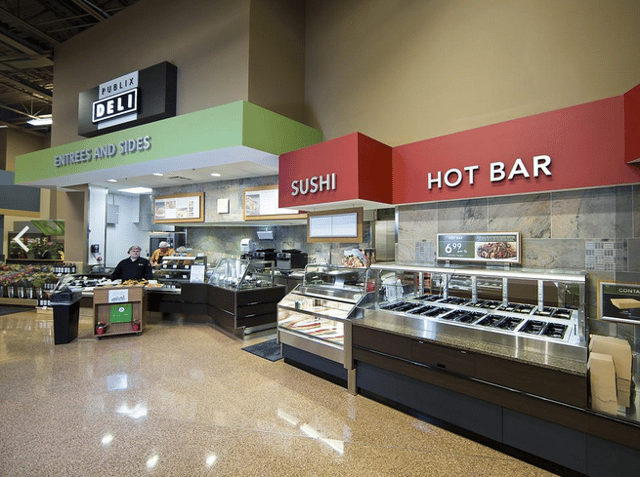 Deli counter, sushi section and a hot bar. 