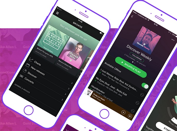 Two phones showing Spotify on their screens. 