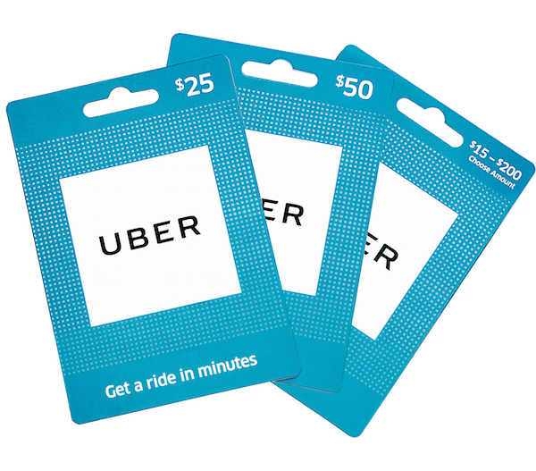Close-up of various Uber gift card options. 
