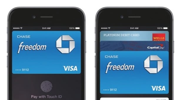 two black iphones showing apple pay using a chase freedom card as the example