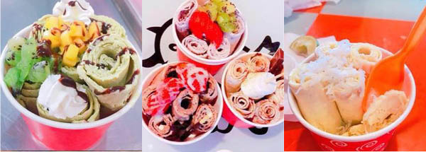 Collage of rolled ice cream options from Freezing Cow with assorted toppings