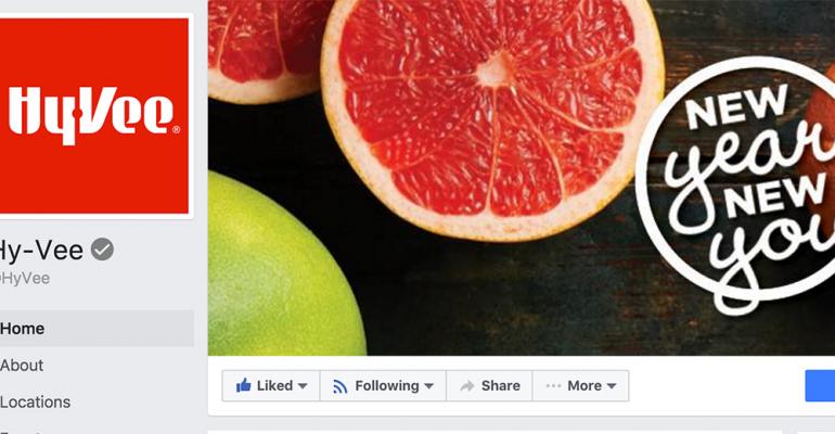 Facebook company page for Hy Vee supermarket, with a close-up image of a sliced grapefruit. 