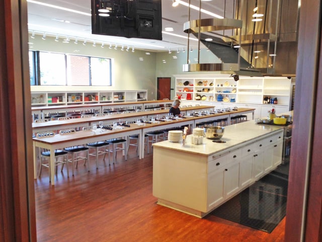 an empty classroom style room for a cooking and wine demonstration