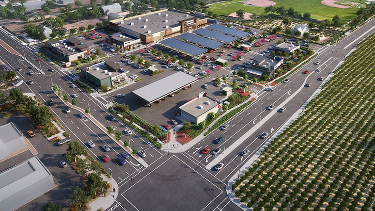 Aerial image of Oakley Shops at Laurel Fields showing Safeway and other stores.