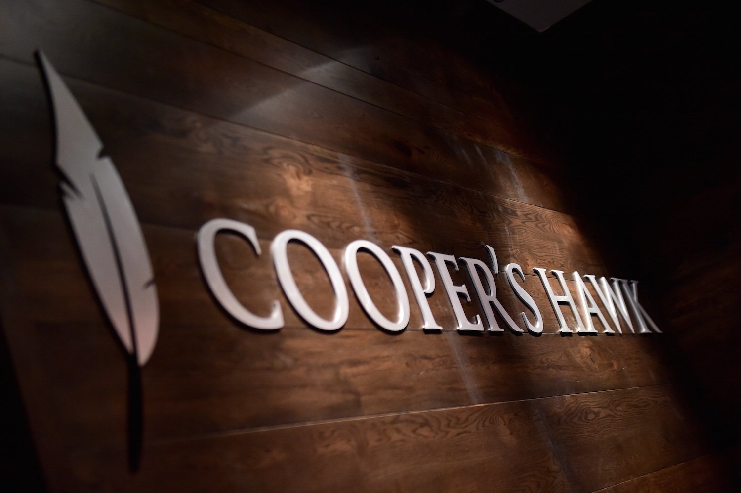 Cooper's Hawk logo on a dark brown woodgrain background
