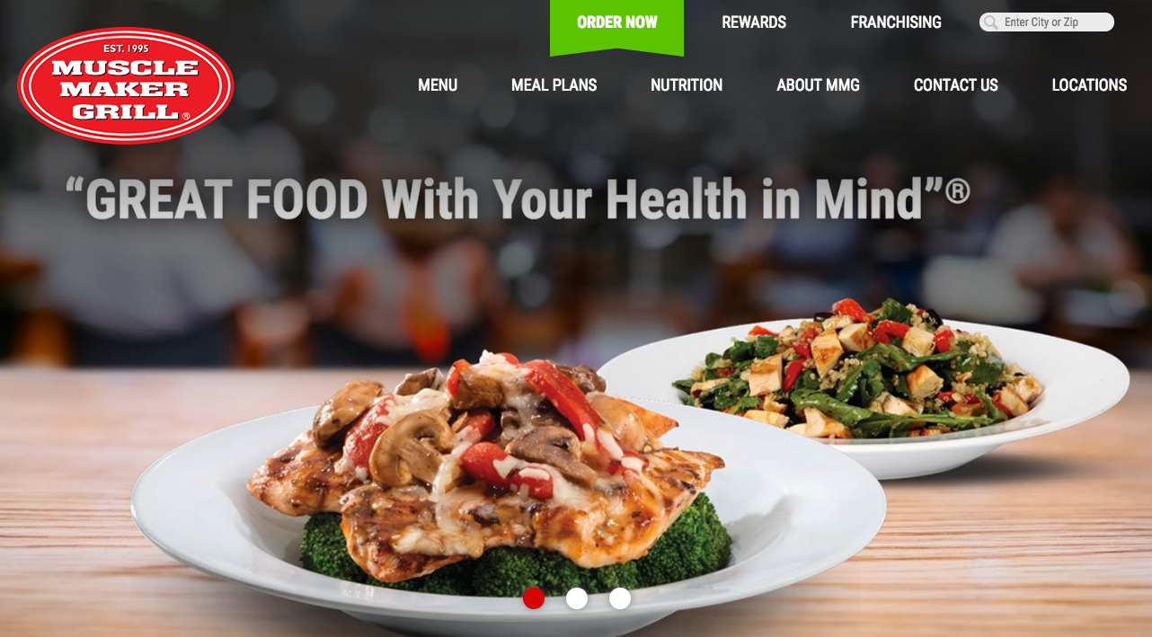 Muscle Maker Grill's website with the tagline, "Great food with your health in mind." 